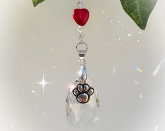 Paw Heart Crystal Suncatcher, Rearview Mirror Car Charm, Window Decoration, Poem Optional