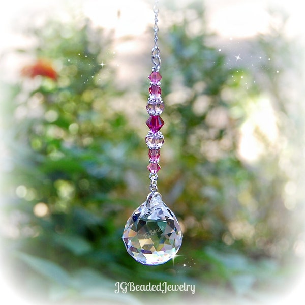 Pink Crystal Suncatcher, Rearview Mirror Car Charm, Window Decoration