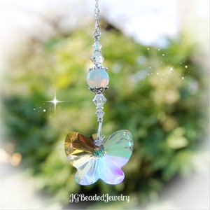 Sea Opal Crystal Butterfly Suncatcher, Rearview Car Charm, Window Decoration