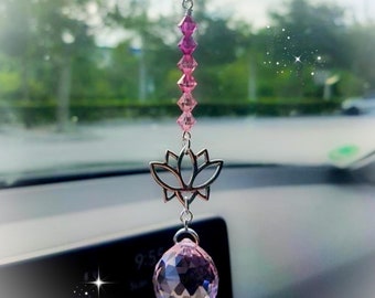 Swarovski Pink Lotus Flower Crystal Suncatcher, Rearview Mirror Car Charm, 20mm Pink Prism, Upgrade Options