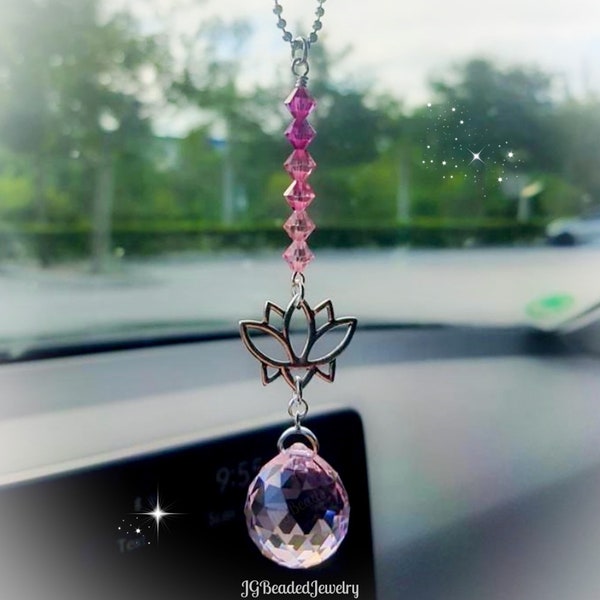 Swarovski Pink Lotus Flower Crystal Suncatcher, Rearview Mirror Car Charm, 20mm Pink Prism, Upgrade Options