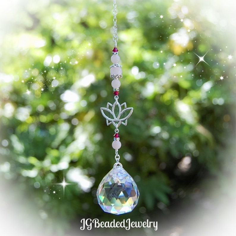 Ruby Rose Quartz Lotus Flower Crystal Suncatcher, Rearview Mirror Car ...
