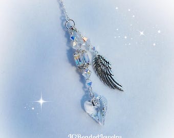 Angel Wing Heart Swarovski Rearview Mirror Car Charm, Window Crystal Decoration, In Loving Memory, New Driver, Ornament