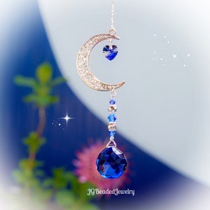 Blue Love You To The Moon And Back Swarovski Crystal Suncatcher, Rearview Mirror Car Charm, Window Decor, Silver Crescent Moon