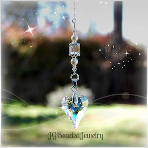 Heart Swarovski Crystal Suncatcher, Rearview Mirror Car Charm, Window Decoration, Pearl and Crystal Beaded Sun Catcher, Love Gift