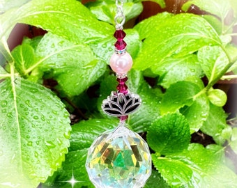 Pink Ruby Lotus Flower Crystal Suncatcher, Rearview Mirror Car Charm, Window Decoration