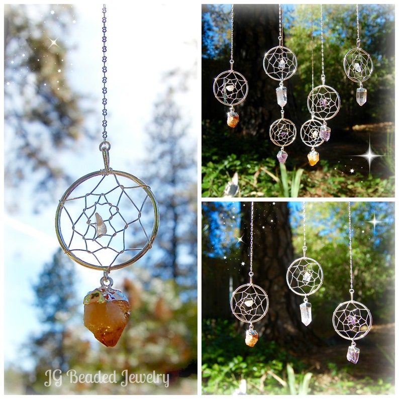 Healing Crystal Dream Catcher, Rearview Mirror Decoration, Home Decor, Amethyst, Citrine, Clear Quartz READ DESCRIPTION for SIZE image 3