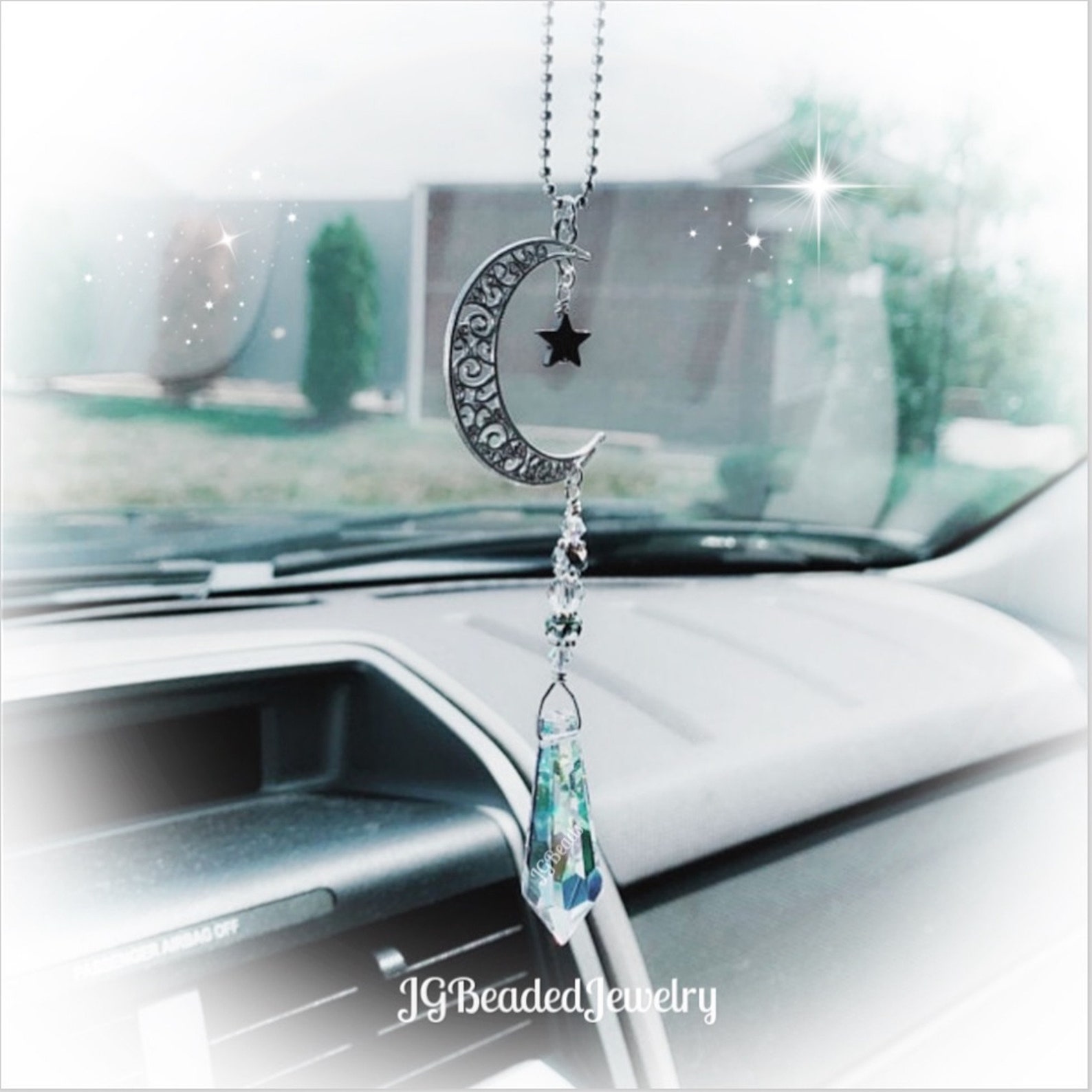 Crescent Moon and Star Crystal Suncatcher Rearview Mirror Car - Etsy