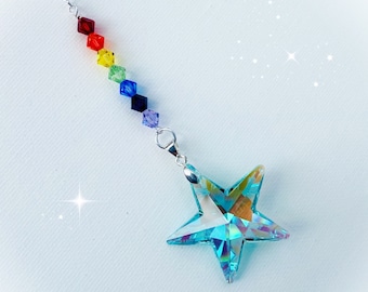 Rainbow Star Swarovski Crystal Suncatcher, Rearview Mirror Car Charm, Window Decoration, 40mm Star LIMITED EDITION