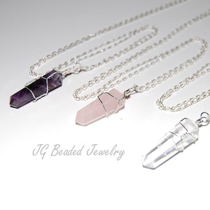 Long Quartz Crystal Necklace, Amethyst, Rose Quartz, Clear Quartz, 24 Inches