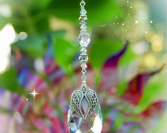 Angel Wings Teardrop Crystal Suncatcher, Rearview Mirror Car Charm, Window Decor, In Loving Memory