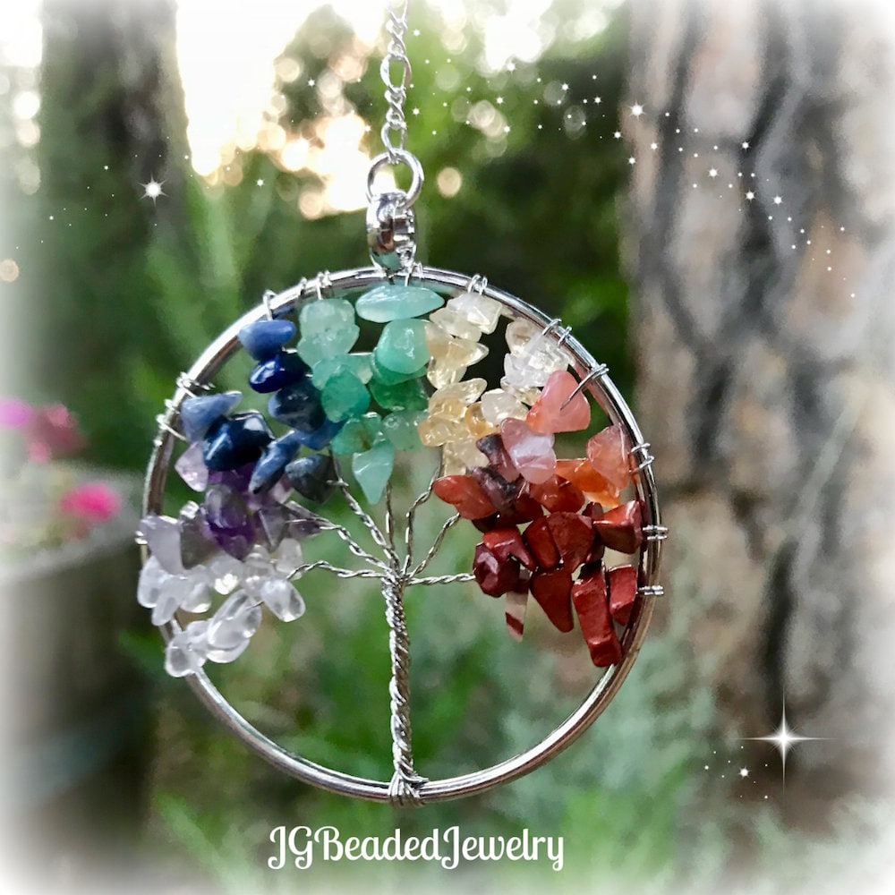Gemstone Tree of Life Rearview Mirror Car Charm, Window Decor, Wall H…