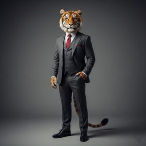 Könnte beinhalten: Ganzkörper-Studioaufnahme einer tigerköpfigen Figur in einem anthrazitfarbenen Anzug, Weste und Hose. Der Anzug wird mit einer roten Krawatte und einem Einstecktuch kombiniert. Die Figur trägt schwarze Anzugschuhe und hat einen gestreiften Schwanz.