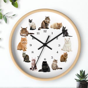 May include: A round wall clock with a light wood frame. The clock face features a white background with black numbers and black clock hands. Each number is replaced by a different cat image. A decorative item for cat lovers.