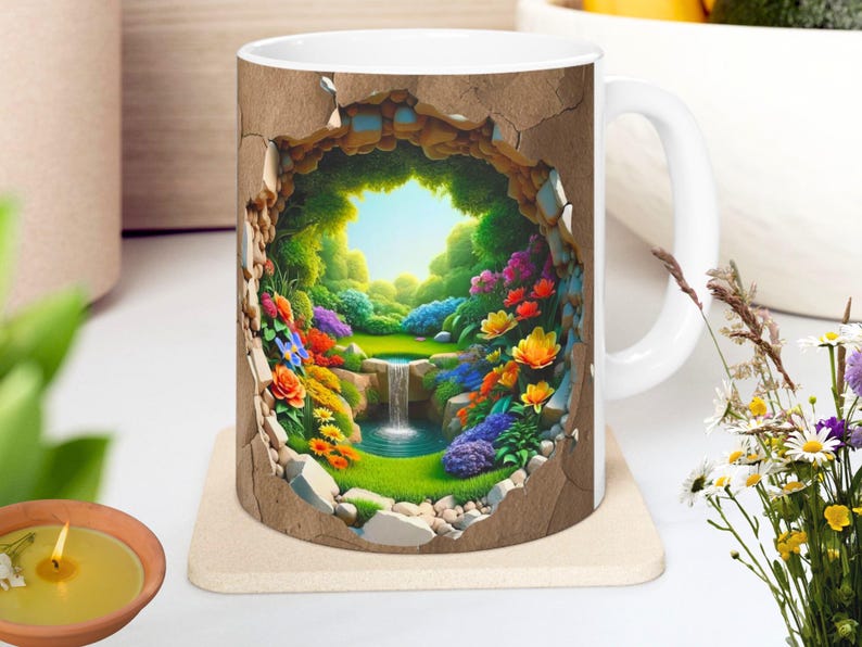 3D Artistic Coffee Mug, Morning Coffee Mug, Plant Mug, Botanical Mug, Gift for Gardener, Unique Coffee Mugs, Nature Lover Gift, Cracked Mug image 1