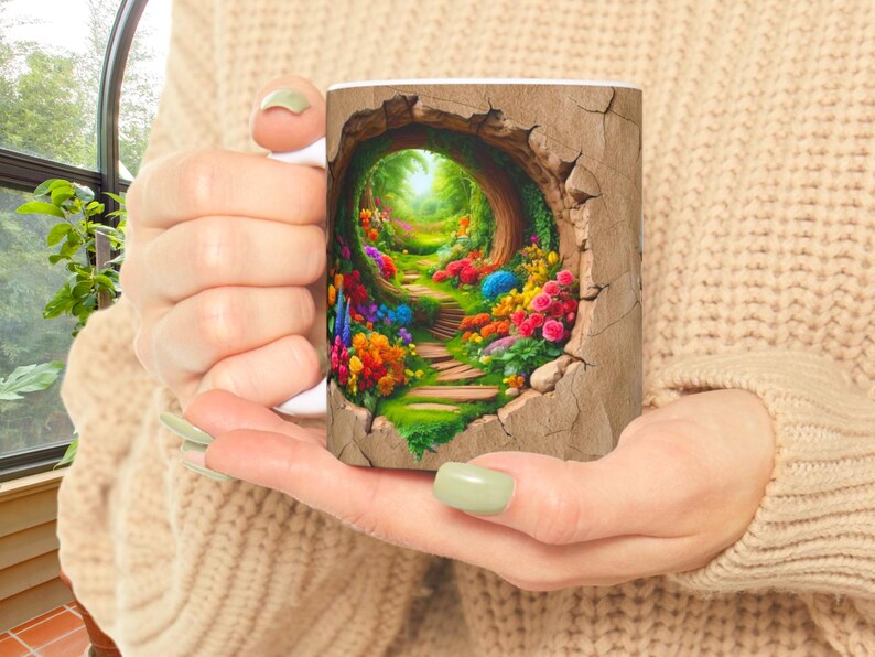 3D Artistic Coffee Mug, Morning Coffee Mug, Plant Mug, Botanical Mug, Gift for Gardener, Unique Coffee Mugs, Nature Lover Gift, Cracked Mug image 2