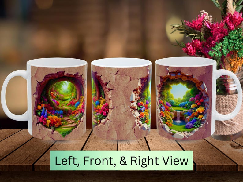 3D Artistic Coffee Mug, Morning Coffee Mug, Plant Mug, Botanical Mug, Gift for Gardener, Unique Coffee Mugs, Nature Lover Gift, Cracked Mug image 3