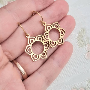 Boho Gold Mandala Drop Earrings – Lightweight Flower Dangle Earrings – 14K Gold Plated, Bohemian Style Jewelry, Gift for Her