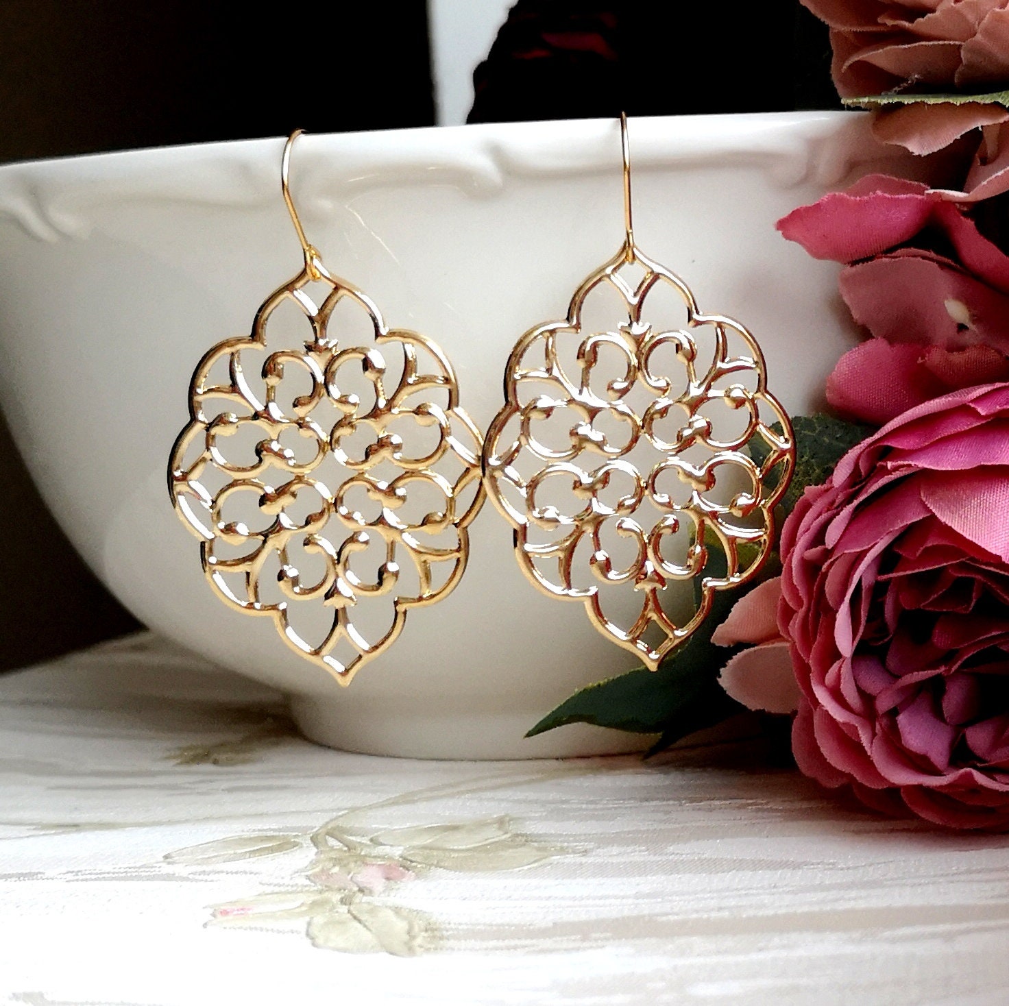 Moroccan gold earrings Large Filigree Earrings. Boho Chic Etsy