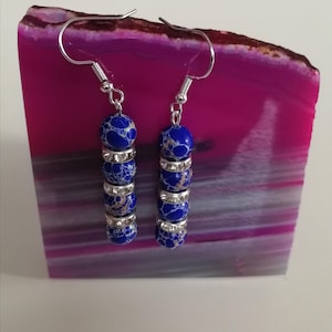 Orecchini in pietra naturale, diaspro, blu, 4 perle, perle in pietra naturale, perle distanziatrici