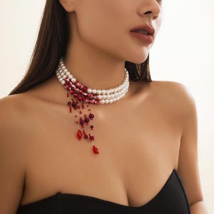 Collier en cristal à glands de perles à trois couches, collier ras de cou cosplay goutte de sang gothique