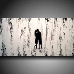 Black and white textured painting. The design is  vertical. White background with black and gray designs on the front that go up and down. A silhouette of a couple hugging in the center.