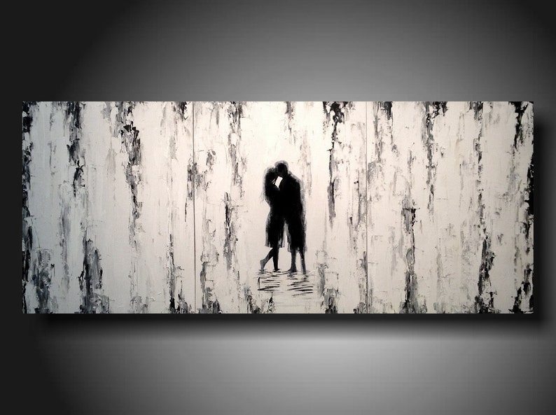 Black and white textured painting. The design is  vertical. White background with black and gray designs on the front that go up and down. A silhouette of a couple hugging in the center.
