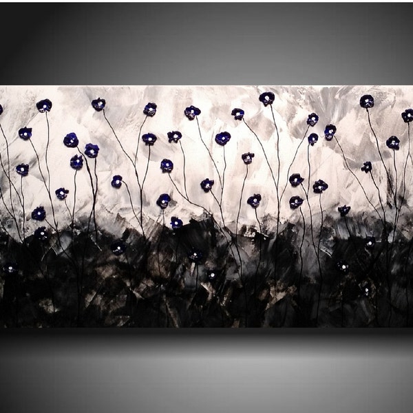 Art original Abstract painting  JMJARTSTUDIO Original Painting 18 X 36 Inches  ------- Not forgotten---Midnight Blue poppies