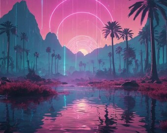 Stampa Vaporwave Palm Tree Lagoon / Arte murale tropicale con sole rosa neon (download digitale)