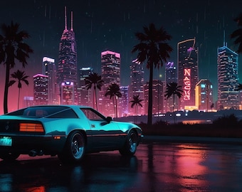 Miami Night Print | Retro Sports Car, Neon Cityscape Wall Art (Digital Download)