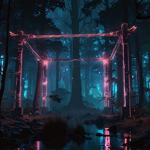 Steamwave Digitale Wandkunst | Retro Neon Cyberpunk Druck | Druckbares ästhetisches Dekor | Sofortdownload | Wald Glitch 2