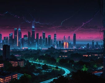 Vaporwave Lightning City Print | Cyberpunk Neon Skyline Storm Wall Art (Digital Download)
