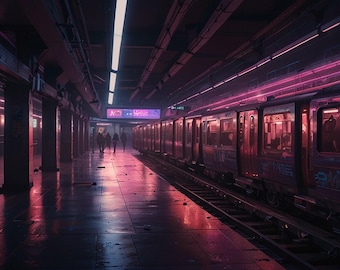 May include: A subway train platform with pink neon lights and a train arriving. The platform is empty except for a few people walking away from the train.