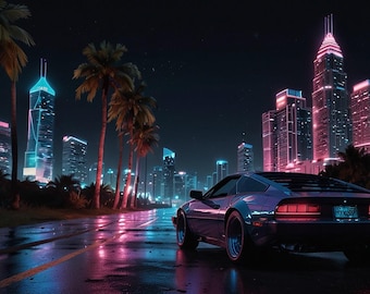 Miami Night Print | Retro Sports Car Neon City Wall Art (Digital Download)