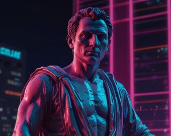 Vaporwave Caesar Statue Print | Neon Roman Sculpture Cyberpunk Art (Digital Download)