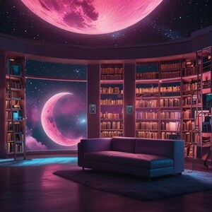 May include: A large, circular room with floor-to-ceiling bookshelves filled with books. The room has large windows with a view of a crescent moon and stars in the night sky. A couch is in the center of the room.