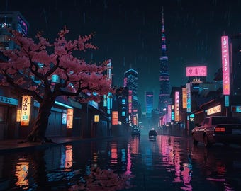 Tokyo Street Poster | Neon Kirschblüten Regen Wandkunst (Digitaler Download)