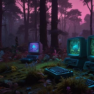 Steamwave Digitale Wandkunst | Retro Neon Cyberpunk Druck | Druckbares ästhetisches Dekor | Sofortdownload | Waldpunk 1