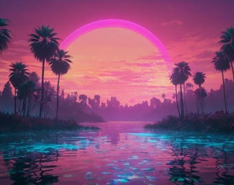 Stampa Vaporwave Tropical Lagoon / Arte murale con palme al neon (download digitale)