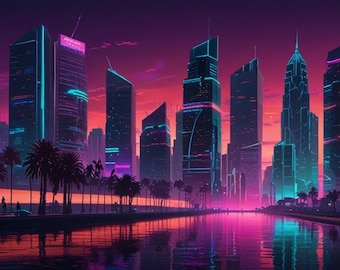 Vaporwave Neon City Print | Cyberpunk Skyline, Palm Trees, Synthwave Wall Art (Digital Download)