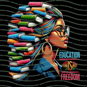 Op de afbeelding: Digitale illustratie van een vrouw met boeken als haar, een bril en oorringen. De afbeelding bevat de tekst "EDUCATION IS FREEDOM" in blauw en roze. De achtergrond is zwart met golvende lijnen.