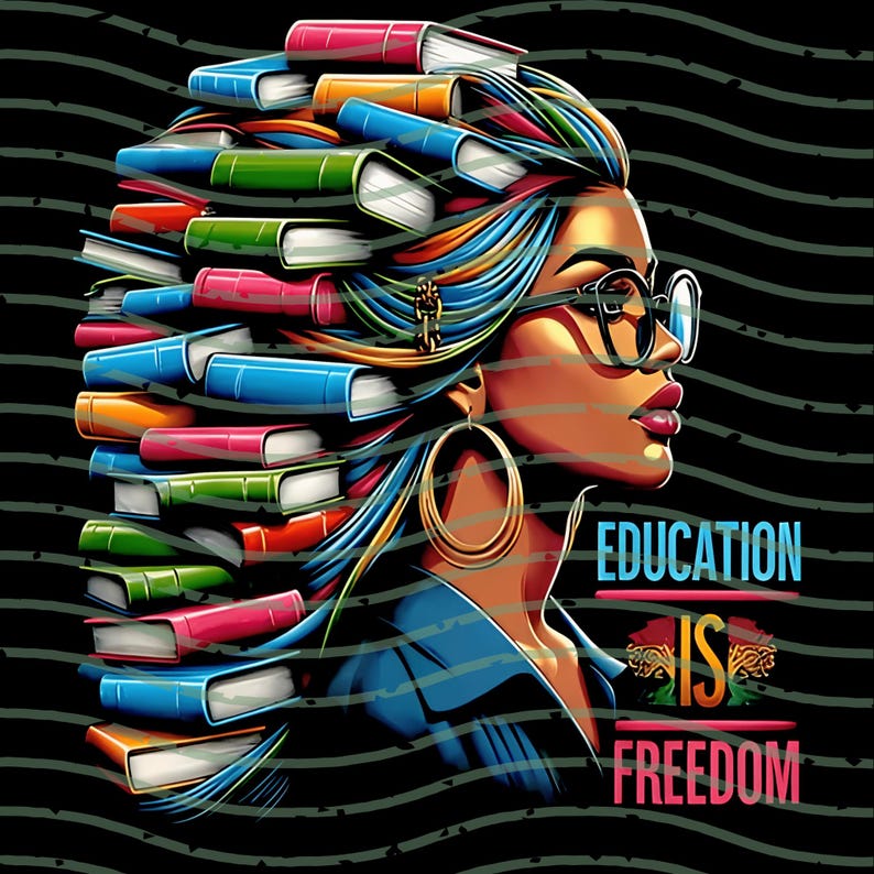 Op de afbeelding: Digitale illustratie van een vrouw met boeken als haar, een bril en oorringen. De afbeelding bevat de tekst "EDUCATION IS FREEDOM" in blauw en roze. De achtergrond is zwart met golvende lijnen.