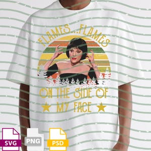 May include: White t-shirt featuring a retro design with a woman's image and the text "FLAMES...FLAMES ON THE SIDE OF MY FACE". The design includes a sunset-like background with green, yellow, and orange hues. The shirt has short sleeves.