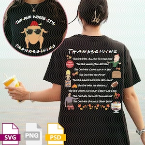 Könnte beinhalten: Schwarzes T-Shirt mit Thanksgiving-Motiv. Auf der Vorderseite ist ein Truthahn mit Sonnenbrille und Weihnachtsmütze abgebildet, mit dem Text "The One Where It's Thanksgiving". Auf der Rückseite sind verschiedene Thanksgiving-Episoden aufgelistet.