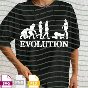 May include: Black t-shirt featuring a white graphic illustrating human evolution, concluding with a person kneeling. The word "EVOLUTION" is printed in white below the graphic. The t-shirt has a loose fit.