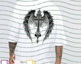 May include: White t-shirt featuring a detailed black and gray cross design with angel wings on the back. The cross has ornate detailing and a crown at the top. The wings are feathered and spread out. The shirt is a simple, casual style.