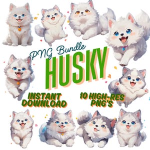 Paquete PNG de cachorros de husky kawaii: adorables imágenes prediseñadas de husky estilo anime para manualidades, pegatinas, sublimación y descargas digitales.
