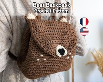 Bear backpack crochet pattern PDF, tutorial download in English and French, intermediate level project