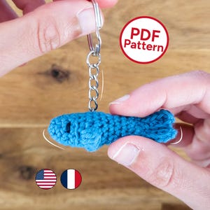Fish crochet pattern PDF, amigurumi keychain beginner no sew, tutorial download in English and French