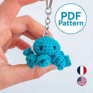 Octopus crochet pattern PDF, amigurumi keychain for beginners, tutorial download in English and French
